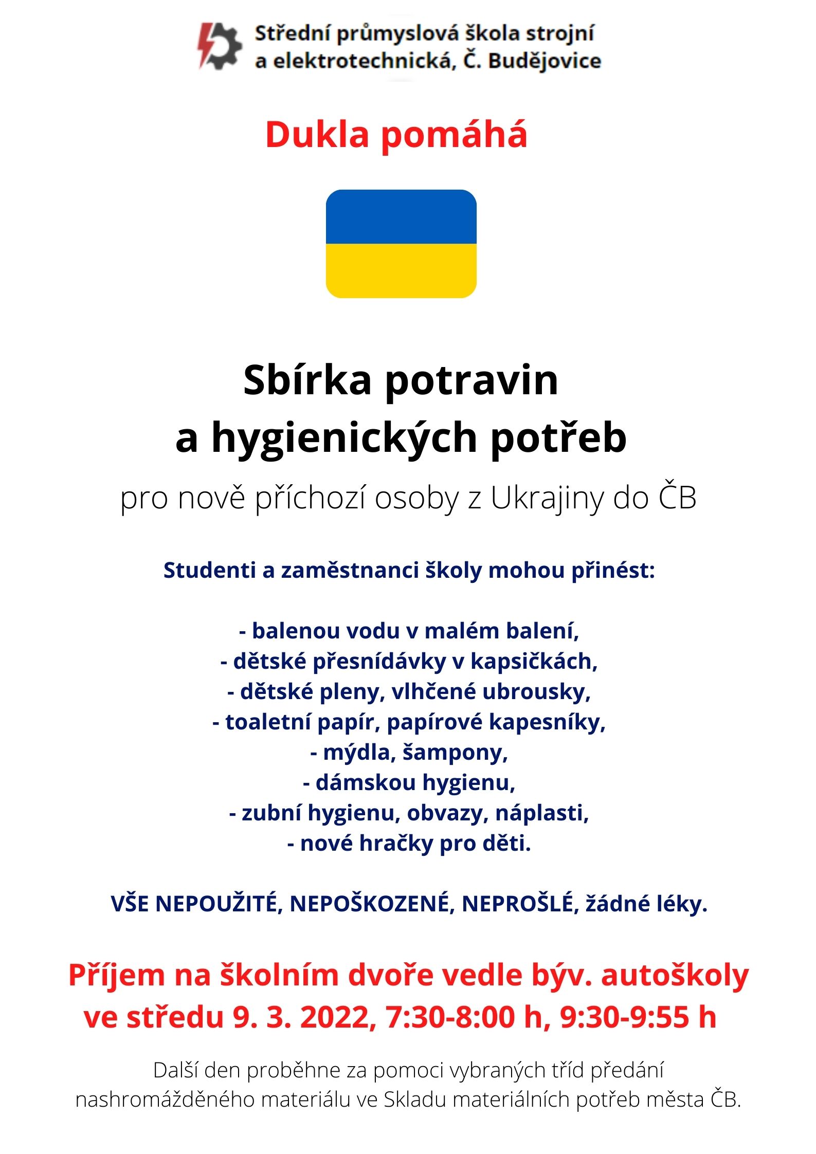 2ff0f329f2325e1dad7442853c8263742659a44e - Dukla pomáhá - sbírka potravin a hygienických potřeb pro příchozí z Ukrajiny