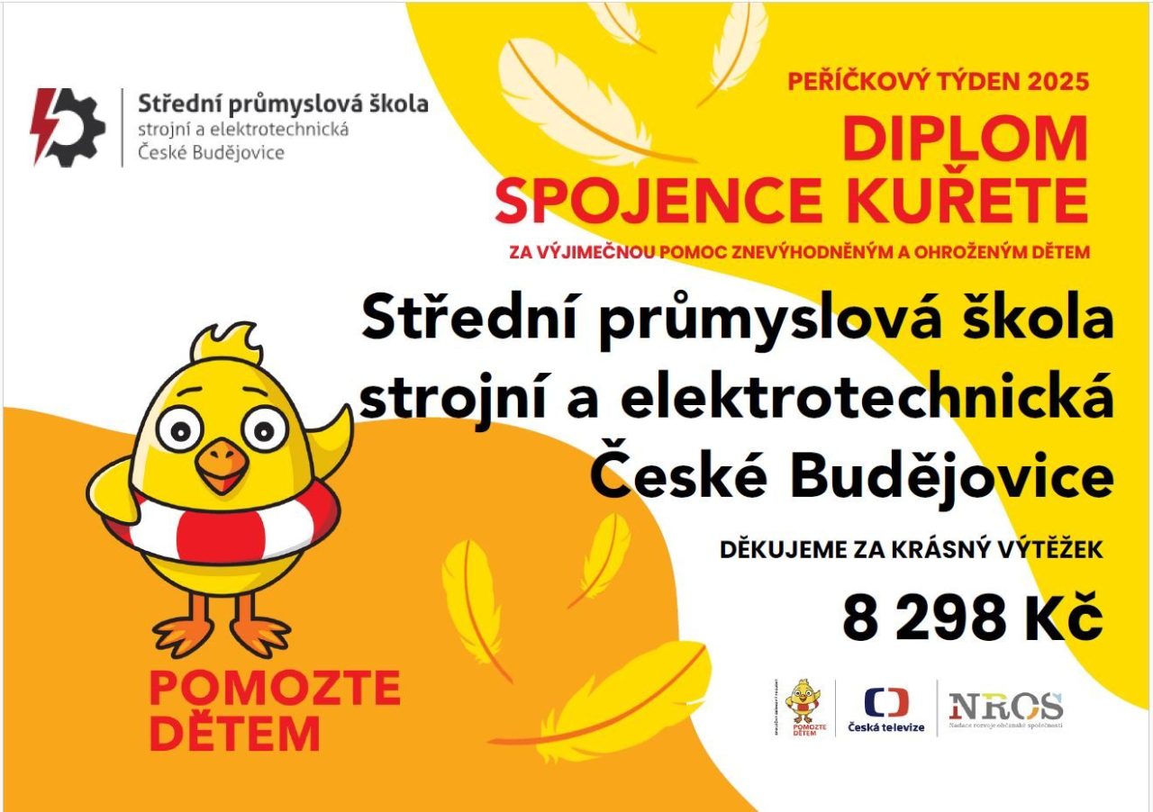 Perickovy tyden 2025 diplom - Dukla pomáhá: V rámci Peříčkového týdne 2025 jsme vybrali 8 298 Kč