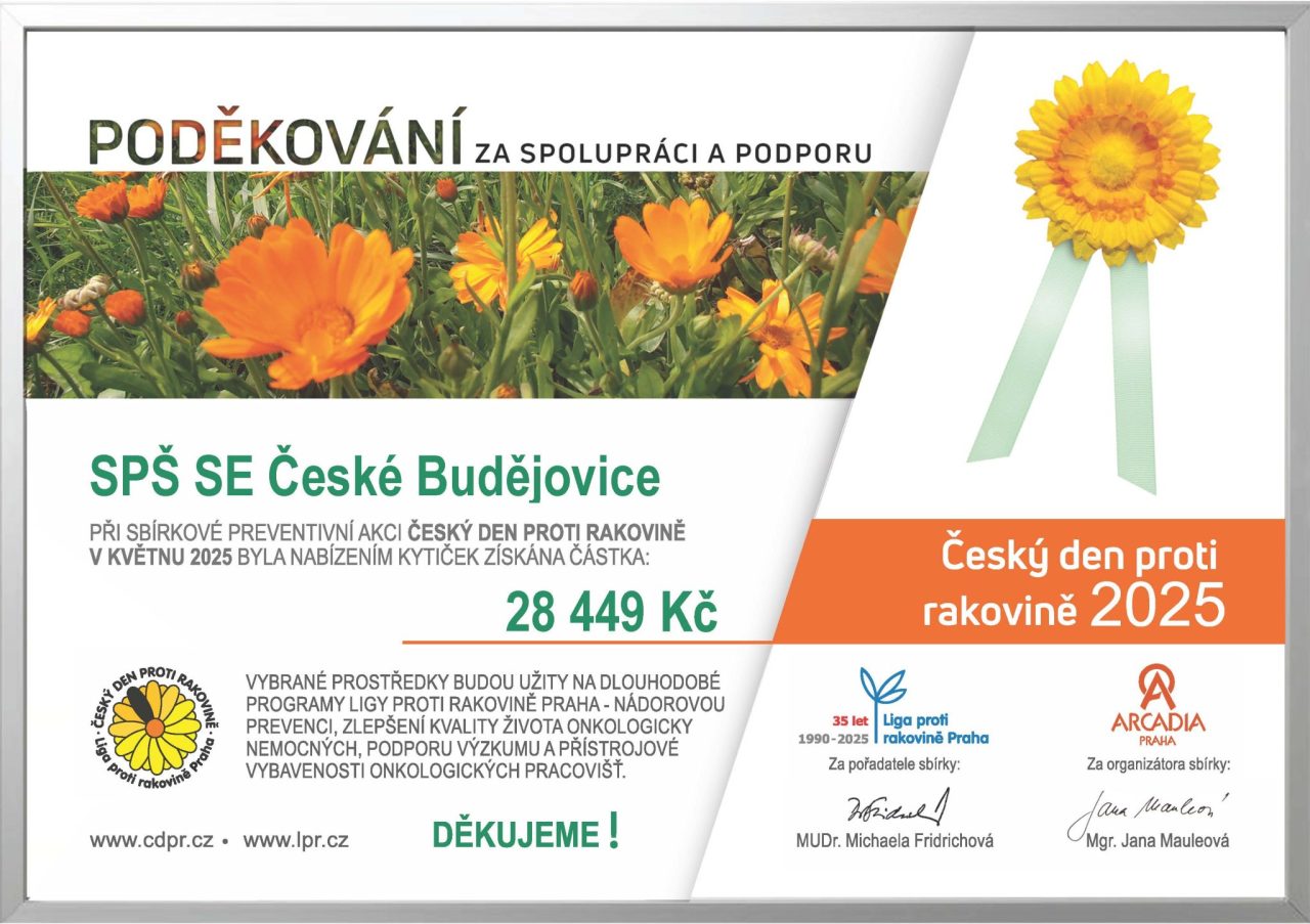 CDPR 2025 podekovani SPS SE Ceske Budejovice - Dukla pomáhá: Český den proti rakovině 2025 (certifikát)